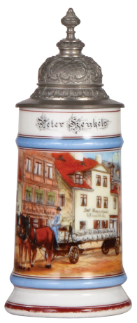 Porcelain stein, .5L, transfer & hand-painted, Occupational Kutscher [Wagon Driver], carrying large white bags, pewter lid, some color wear to red base band & rear of handle. From the Etheridge Collection & pictured in the Occupational Stein Book.
