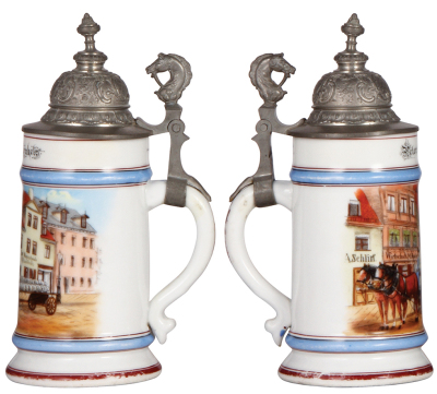Porcelain stein, .5L, transfer & hand-painted, Occupational Kutscher [Wagon Driver], carrying large white bags, pewter lid, some color wear to red base band & rear of handle. From the Etheridge Collection & pictured in the Occupational Stein Book. - 2