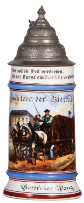 Porcelain stein, .5L, transfer & hand-painted, Occupational Bierführer [Beer Delivery Driver], rare, pewter lid, pewter tear repaired at rear of lid, body mint. From the Etheridge Collection. 