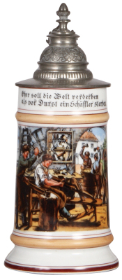 Porcelain stein, .5L, transfer & hand-painted, Occupational Schäffler [Barrel Maker], pewter lid, mint. From the Etheridge Collection. 