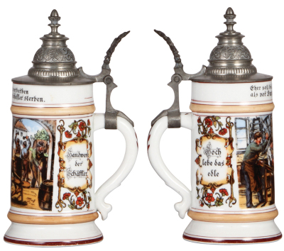 Porcelain stein, .5L, transfer & hand-painted, Occupational Schäffler [Barrel Maker], pewter lid, mint. From the Etheridge Collection.  - 2