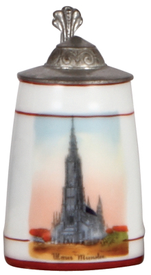 Porcelain stein, 4.2'' ht., transfer & hand-painted, Ulmer Münster, pewter lid, mint.