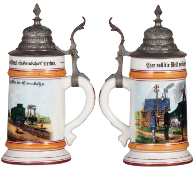 Porcelain stein, .5L, transfer & hand-painted, Occupational Eisenbahn [Railroad Worker], pewter lid, mint. From the Etheridge Collection.  - 2