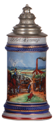 Stoneware stein, .5L, transfer & hand-painted, Occupational Fuhrmann [Wagon Driver], carrying stones, rare, pewter lid, mint. From the Etheridge Collection. 