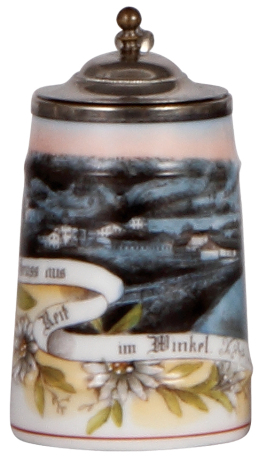 Porcelain stein, 4.4'' ht., transfer & hand-painted, Russ aus Reit im Winkl, silver-plated, metal lid, mint.