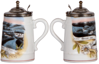 Porcelain stein, 4.4'' ht., transfer & hand-painted, Russ aus Reit im Winkl, silver-plated, metal lid, mint. - 2