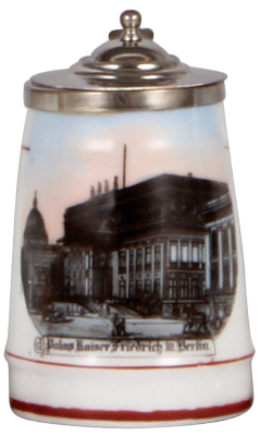 Porcelain stein, 4.1'' ht., transfer & hand-painted, Palais Kaiser, Friedrich III, Berlin, silver-plated metal lid, faint hairline on side.