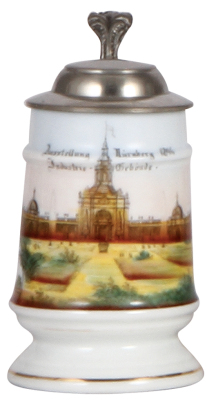Porcelain stein, 4.8'' ht., transfer & hand-painted, Ausstellung Nürnberg, 1896, Industrie Gebaude, pewter lid, mint.