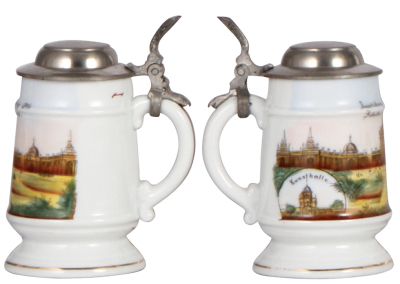 Porcelain stein, 4.8'' ht., transfer & hand-painted, Ausstellung Nürnberg, 1896, Industrie Gebaude, pewter lid, mint. - 2