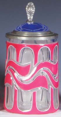 Glass stein, .5L, blown, pink on white on clear, original glass inlaid lid: blue & clear, very minor flakes.