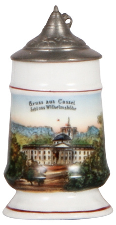 Porcelain stein, 4.9" ht., transfer & hand-painted, Gruss aus Kassel, Schloss Wilhelmshöhe, pewter lid, mint.