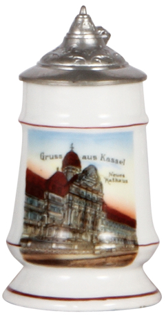 Porcelain stein, 5.0'' ht., transfer & hand-painted, Neues Rathaus Kassel, pewter lid, mint.