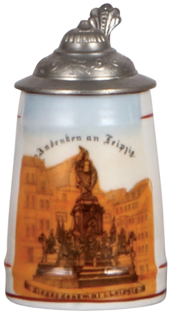 Porcelain stein, 4.4'' ht., transfer & hand-painted, Siegesdenkmal i. Leipzig, pewter lid, mint.
