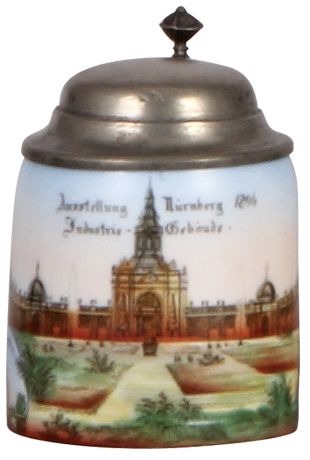 Porcelain stein, 3.7'' ht., transfer & hand-painted, Ausstellung Nürnberg, 1896, Industrie Gebaude, pewter lid, mint.