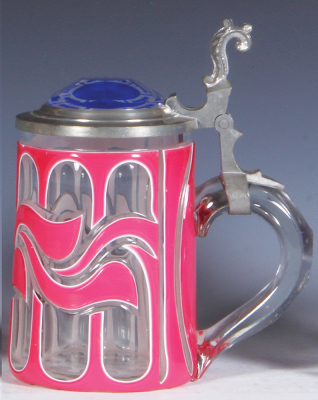 Glass stein, .5L, blown, pink on white on clear, original glass inlaid lid: blue & clear, very minor flakes. - 2