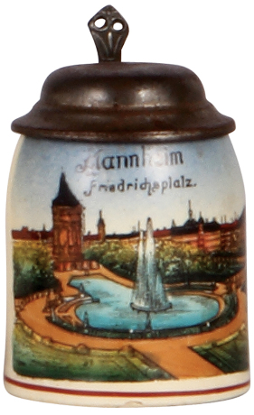 Pottery stein, 4.1" ht., transfer & hand-painted, marked E.D. & C., Mannheim Friedrichsplatz, metal lid, mint.