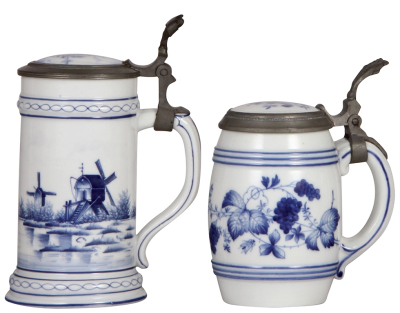 Two porcelain steins, .5L, hand-painted, windmill, lithophane, inlaid lid; with, hand-painted, grapes & leaves, lithophane, inlaid lid, mint.