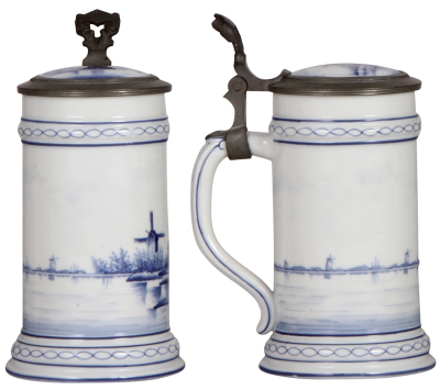 Two porcelain steins, .5L, hand-painted, windmill, lithophane, inlaid lid; with, hand-painted, grapes & leaves, lithophane, inlaid lid, mint. - 2