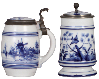 Two porcelain steins, .5L, hand-painted, windmill, lithophane, inlaid lid; with, hand-painted, bird & rabbits, lithophane, inlaid lid, mint.