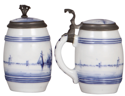 Two porcelain steins, .5L, hand-painted, windmill, lithophane, inlaid lid; with, hand-painted, bird & rabbits, lithophane, inlaid lid, mint. - 2