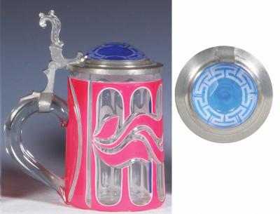 Glass stein, .5L, blown, pink on white on clear, original glass inlaid lid: blue & clear, very minor flakes. - 3