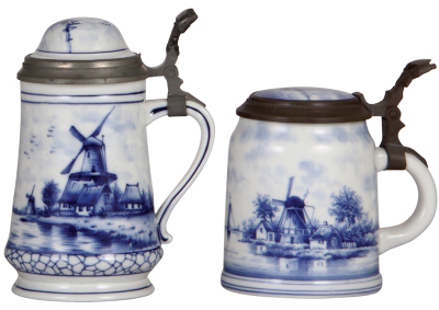 Two porcelain steins, .5L, hand-painted, marked Delft, windmills, inlaid lids, second has a lithophane, both mint.