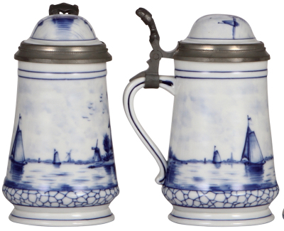 Two porcelain steins, .5L, hand-painted, marked Delft, windmills, inlaid lids, second has a lithophane, both mint. - 2