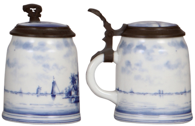 Two porcelain steins, .5L, hand-painted, marked Delft, windmills, inlaid lids, second has a lithophane, both mint. - 3