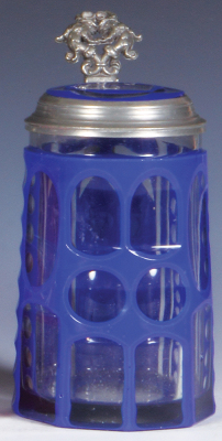 Glass stein, .5L, blown, blue opaline on clear overlay, cut matching glass inlaid lid, small flake on side, otherwise mint.
