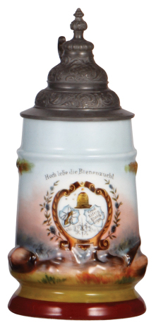 Porcelain stein, .5L, transfer & hand-painted, Occupational Bienenzucht [Bee Keeper], rare, pewter lid, lithophane lines. From the Etheridge Collection. 