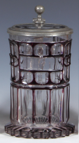 Glass stein, .5L, blown, c.1870, cut, dark red on clear overlay, glass inlaid lid, a few flakes, excellent pewter strap repair.