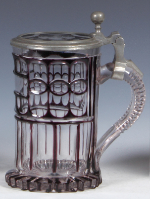 Glass stein, .5L, blown, c.1870, cut, dark red on clear overlay, glass inlaid lid, a few flakes, excellent pewter strap repair. - 2