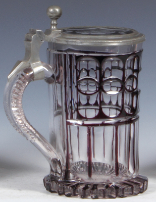 Glass stein, .5L, blown, c.1870, cut, dark red on clear overlay, glass inlaid lid, a few flakes, excellent pewter strap repair. - 3