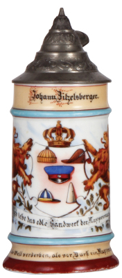 Porcelain stein, .5L, transfer & hand-painted, Occupational Kappenmacher [Cap Maker], rare, pewter lid, a little wear to red base band, lithophane line. From the Etheridge Collection & pictured in the Occupational Stein Book.