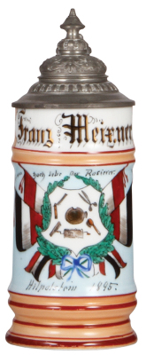 Porcelain stein, .4L, transfer & hand-painted, Occupational Rasierer [Barber, Razor Shave], rare, pewter lid, mint. From the Etheridge Collection & pictured in the Occupational Stein Book.