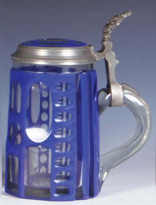 Glass stein, .5L, blown, blue opaline on clear overlay, cut matching glass inlaid lid, small flake on side, otherwise mint. - 2