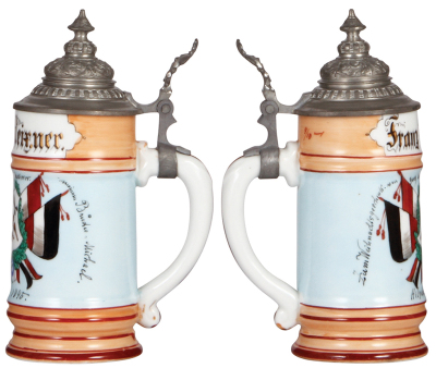 Porcelain stein, .4L, transfer & hand-painted, Occupational Rasierer [Barber, Razor Shave], rare, pewter lid, mint. From the Etheridge Collection & pictured in the Occupational Stein Book. - 2