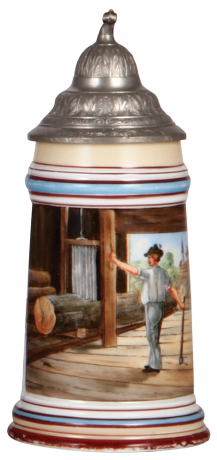 Porcelain stein, .5L, transfer & hand-painted, Occupational Säger [Sawmill Worker], pewter lid, a little color wear on lower red band. From the Etheridge Collection. 