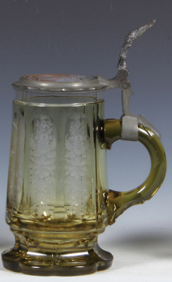 Glass stein, .5L, blown, amber, wheel-engraved flowers, relief brass inlaid lid with two high-wheel bicycles, mint. - 2