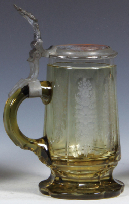 Glass stein, .5L, blown, amber, wheel-engraved flowers, relief brass inlaid lid with two high-wheel bicycles, mint. - 3