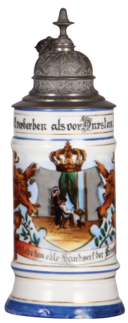 Porcelain stein, .4L, transfer & hand-painted, Occupational Friseur [Barber], rare, pewter lid, mint. From the Etheridge Collection & pictured in the Occupational Stein Book.