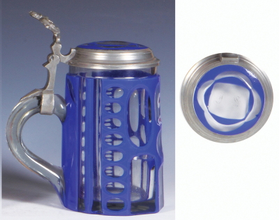 Glass stein, .5L, blown, blue opaline on clear overlay, cut matching glass inlaid lid, small flake on side, otherwise mint. - 3