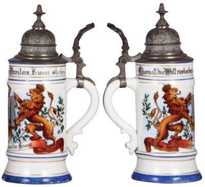 Porcelain stein, .4L, transfer & hand-painted, Occupational Friseur [Barber], rare, pewter lid, mint. From the Etheridge Collection & pictured in the Occupational Stein Book. - 2