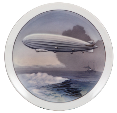 Porcelain plaque, 8.6" d., relief & hand-painted, marked Rosenthal, Sammelteller Erinnerung Z.R. III, Zeppelin & ship on ocean, rare, mint.