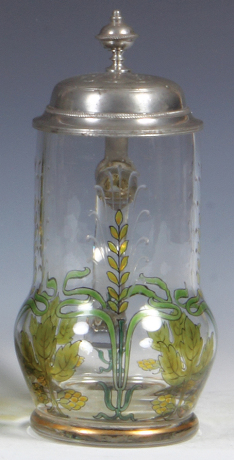 Glass stein, .5L, blown, transparent enamel, Art Nouveau, pewter lid, mint.