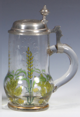 Glass stein, .5L, blown, transparent enamel, Art Nouveau, pewter lid, mint. - 2