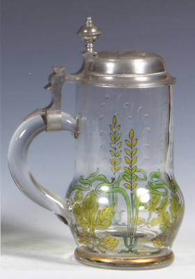 Glass stein, .5L, blown, transparent enamel, Art Nouveau, pewter lid, mint. - 3