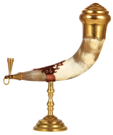 Drinking horn, 16.0" ht., approximately 20.0" l., brass & copper fittings, early 1900s, set-on lid, excellent condition.