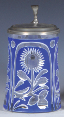 Glass stein, .5L, blown, blue on white on clear overlay, cut, clear glass inlaid lid, mint.