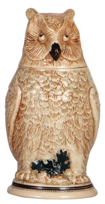 Character stein, .5L, pottery, marked 999, Owl, tiny rim flake.